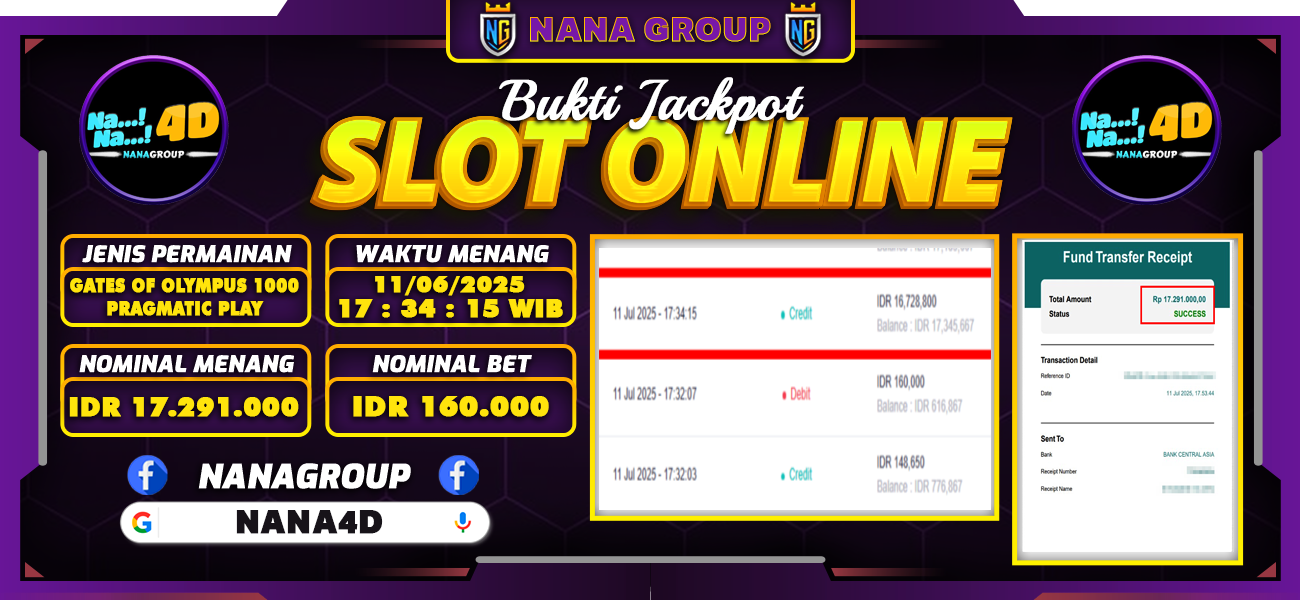 Bukti Kemenangan Besar Dibayar lunas Member NANA4D RP 17.291.000, 12 Juli 2025