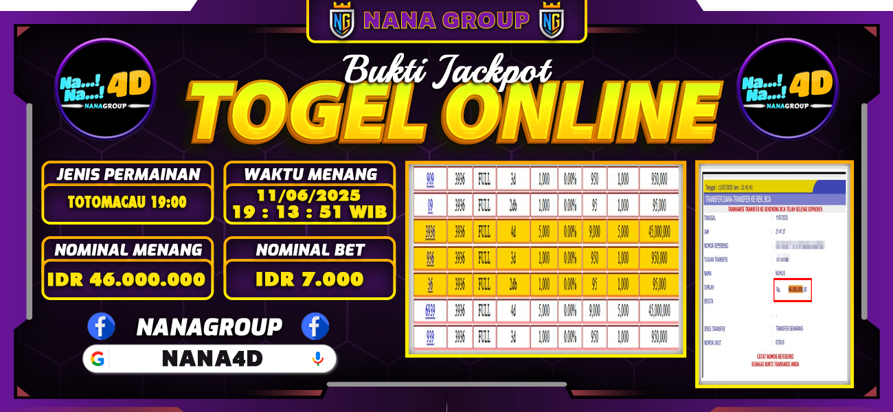 Bukti Kemenangan Besar Dibayar lunas Member NANA4D RP 46.000.000, 12 Juli 2025